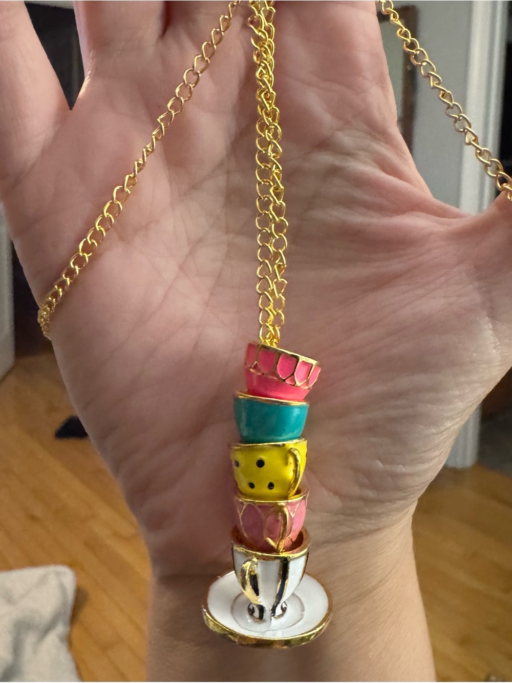 Gold-Tone Colorful Stacked Teacup Pendant Necklace - Jewelry Alice in Wonderland
